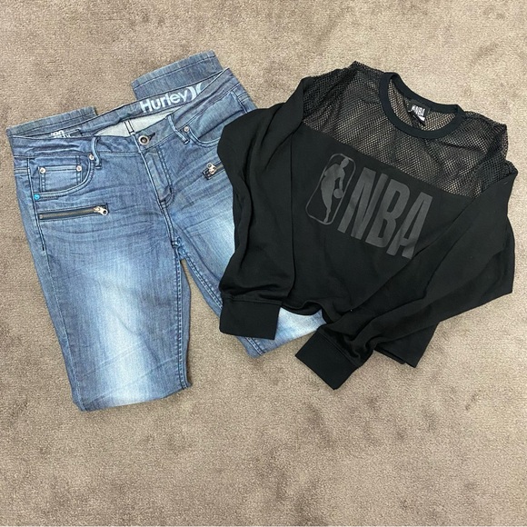 NBA Black Cropped Mesh Cotton  Long Sleeve Top Size Large #1323 - Picture 2 of 9